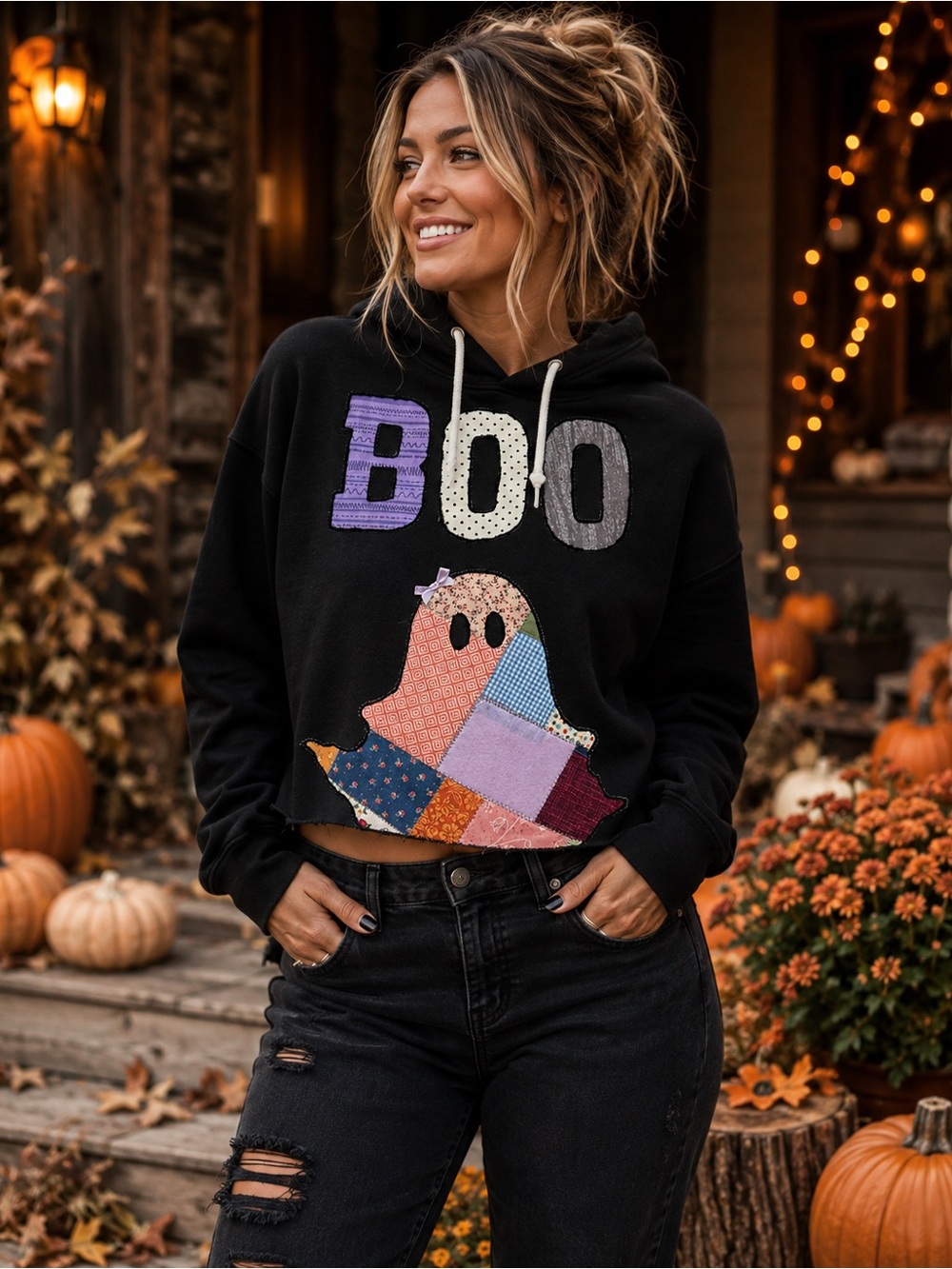 OOAK Halloween Ghost Patchwork Appliqué Cropped Hoodie NWT S